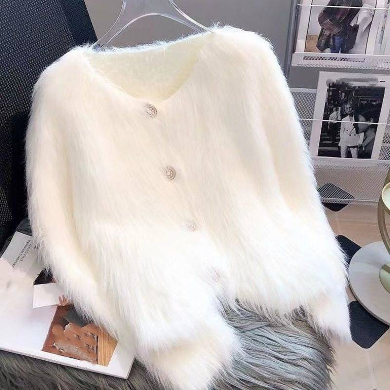 Luxury Faux Fur Knit Cardigan - Oversized V-Neck Button Front Coat With Flutter Sleeves, Soft Winter Wrap For Women (White/Black/Hot Pink/_voghion.com