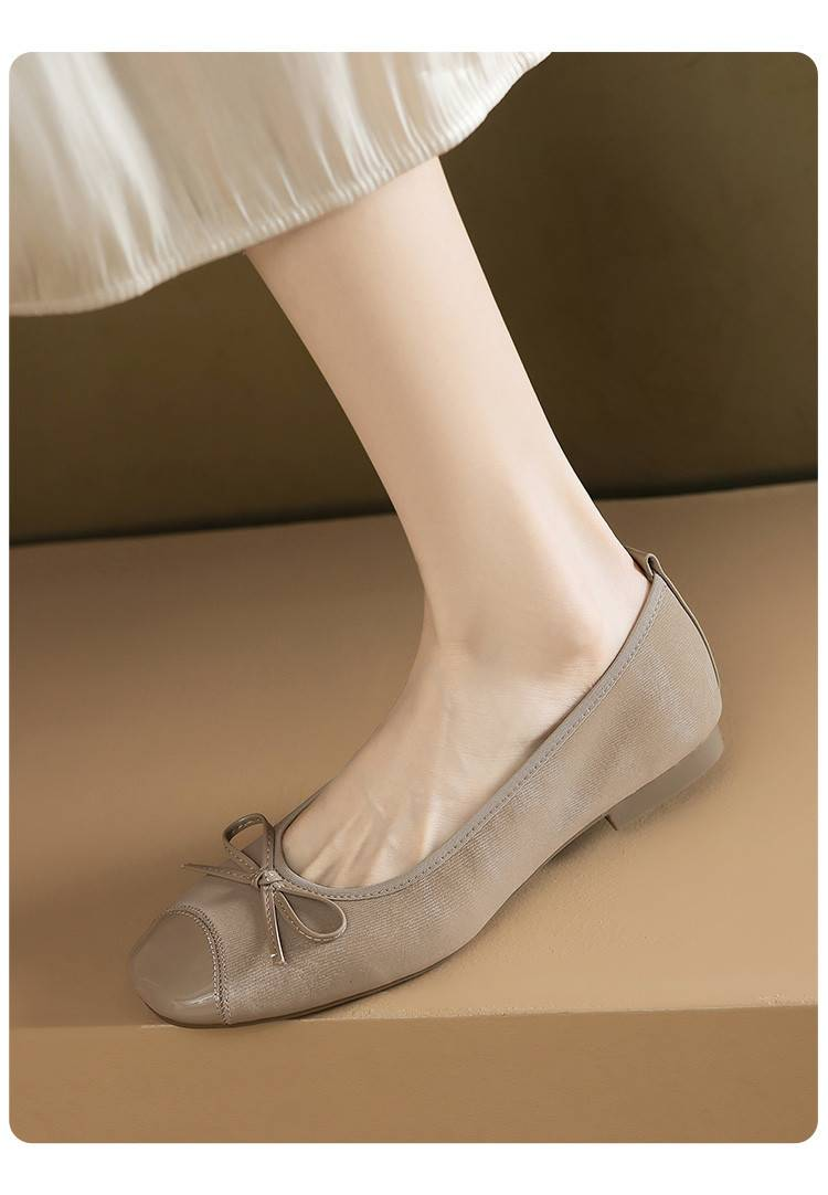 Cameido Women's Casual Shoes - Beige Leather Square Toe 1CM Height 0.5" Sole With Non-Slip Drip Coating_voghion.com