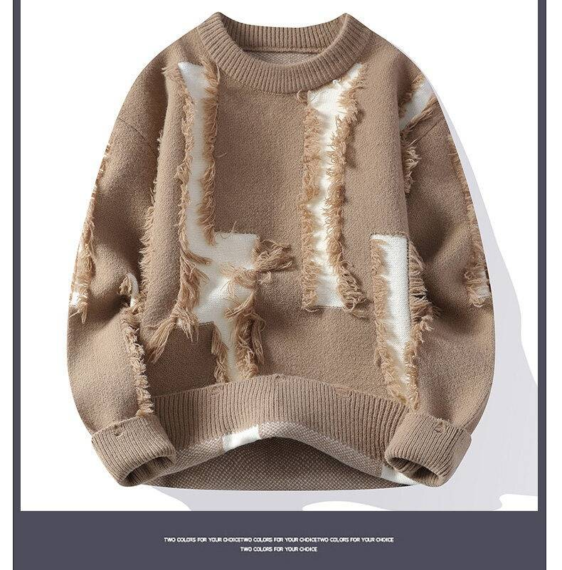 Men's Casual Knit Sweater Long Sleeve Round Neck Ripped Design Autumn Winter Warm Pullover_voghion.com