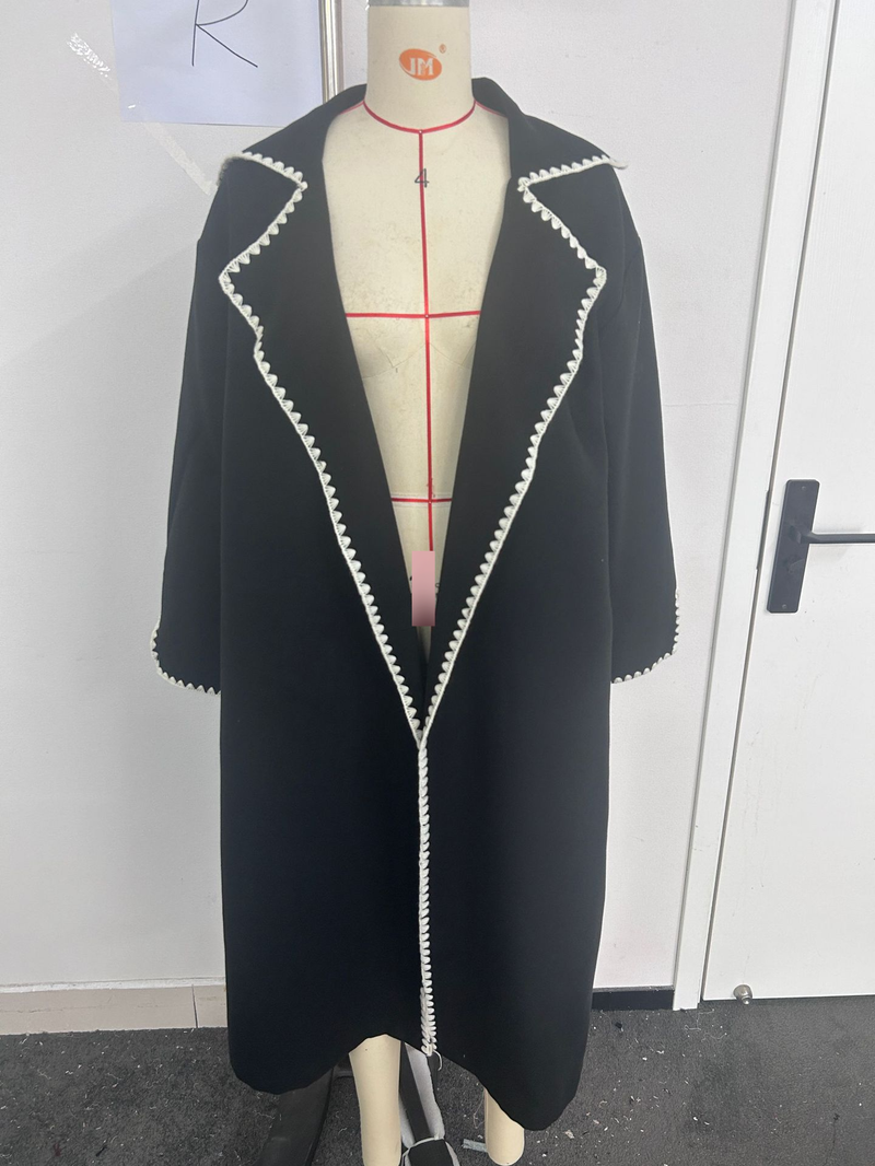 Elegante geborduurde jas van wolmix voor dames - Losse trenchcoat met lange mouwen en kantdetails, herfst-wintermode voor bovenkleding_voghion.com