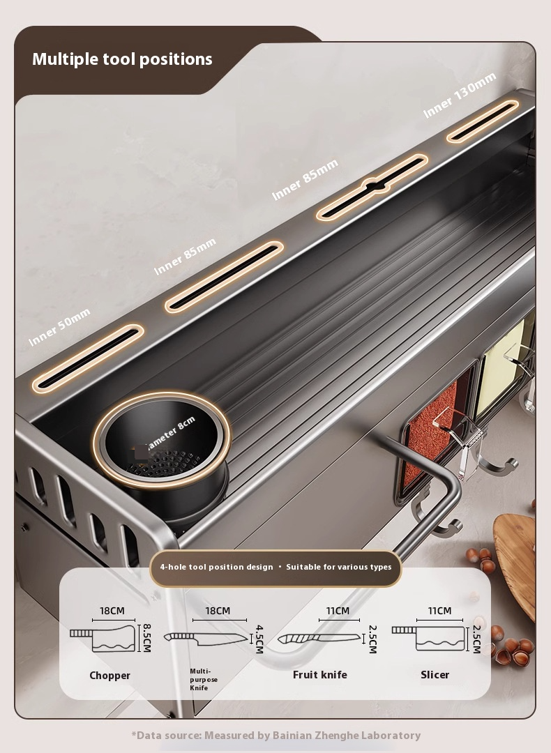Gunmetal Kitchen Wall Organizer – Space-Saving Spice Rack With Knife Slots, Chopstick Holder & Utensil Hooks, No-Drill Mounting (5 Configurations)_voghion.com