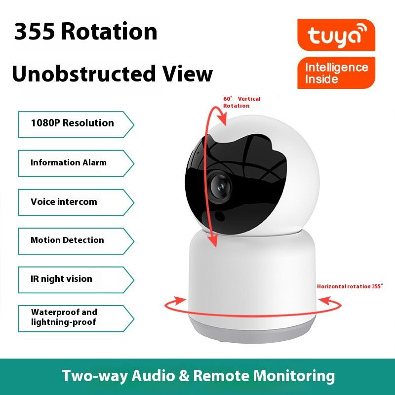 Telecamera di sicurezza Wi-Fi intelligente Tuya con rotazione a 360°, video HD 1080P/3MP/5MP, visione notturna, telecomando, memoria per scheda TF_voghion.com