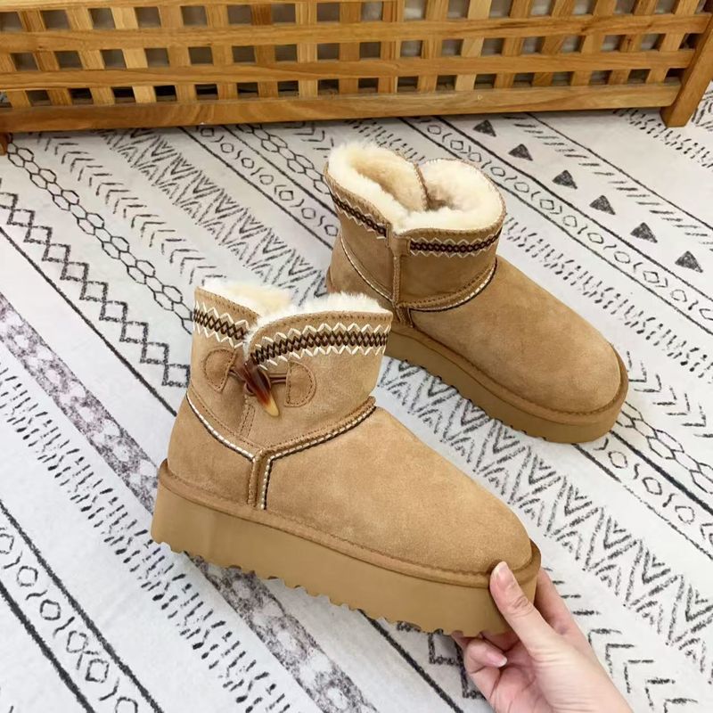 Winter New Short Boots Cowhide Snow Boots Women's Shoes Cow Horn Button Embroidery Thick Sole Warm And Non Slip Thick Snow Boots_voghion.com