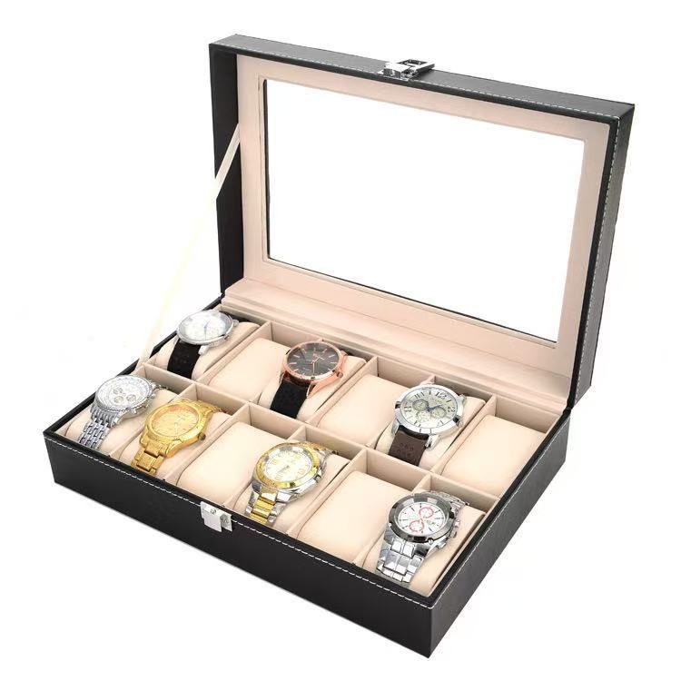 Boîte de rangement pour montres en similicuir noir avec serrure - Organiseur à 2/3/5/10/12 emplacements, couvercle en verre, doublure douce, idéale pour présenter montres, bijoux et accessoires_voghion.com