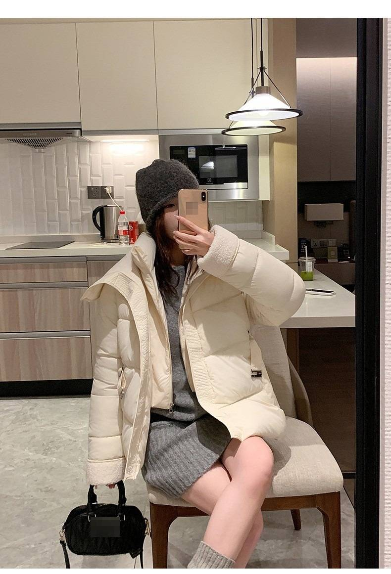 Women's Quilted Puffer Jacket – Thickened Short Coat With Faux Shearling Trim, Oversized Fit & Belted Waist (Khaki/Black/Cream/Brown, M-XXL)_voghion.com