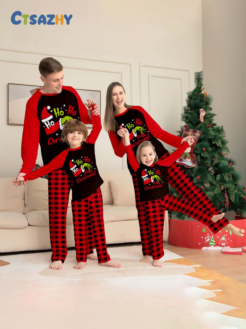 Familien-Weihnachtspyjama-Set mit Grinch-Aufdruck und Weihnachtsmannmütze für Eltern, Kinder und Haustiere Modetrends_voghion.com