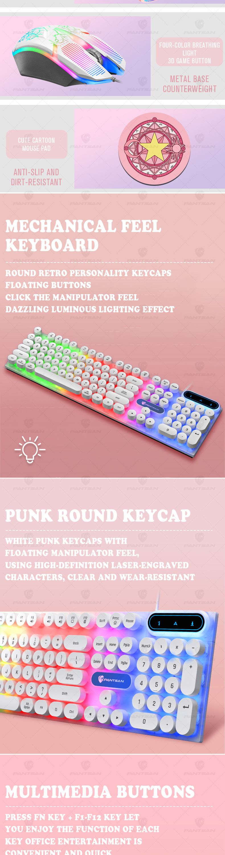 Belle fille spéciale anglais emballage neutre rose fille clavier lumineux souris écouteurs tapis de souris ensemble trois ou quatre pièces_voghion.com