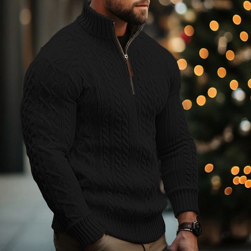 Men’s Half-Zip Cable Knit Sweater – Thickened Acrylic, Solid Colors (White/Black/Bluish/Brown/Greens, S-XXXL)_voghion.com