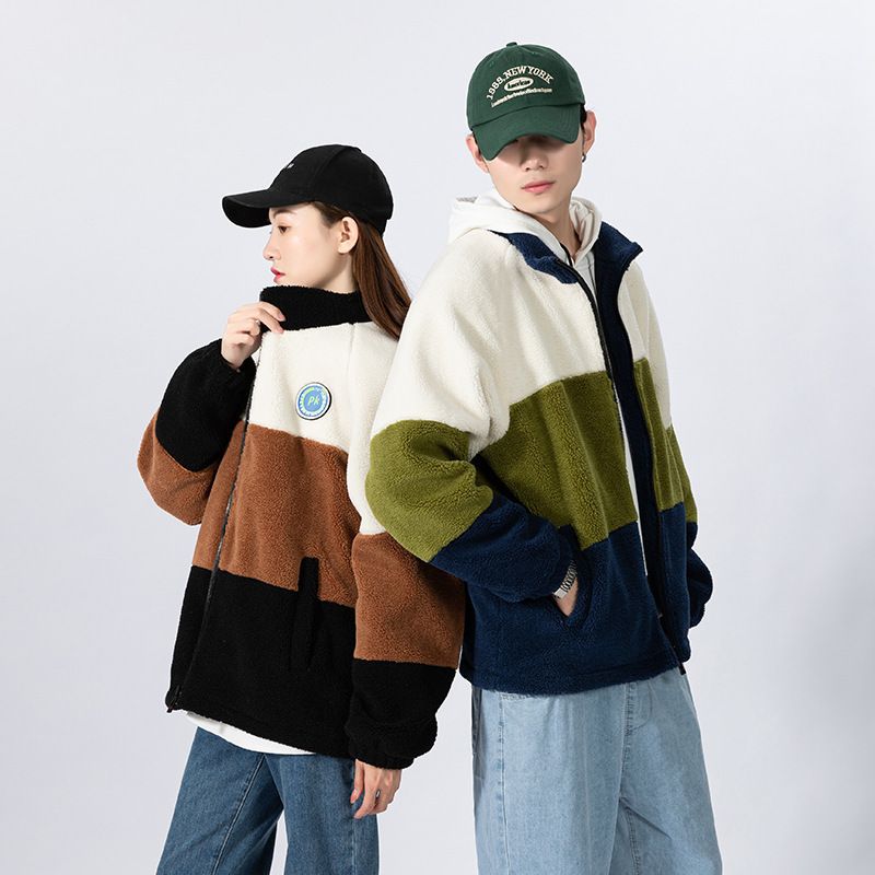 Plus Size Lamb Wool Sweatshirt Couple Outfit Autumn Winter Warm Jacket Trendy Brand Ins Loose Color Block Cotton Coat_voghion.com