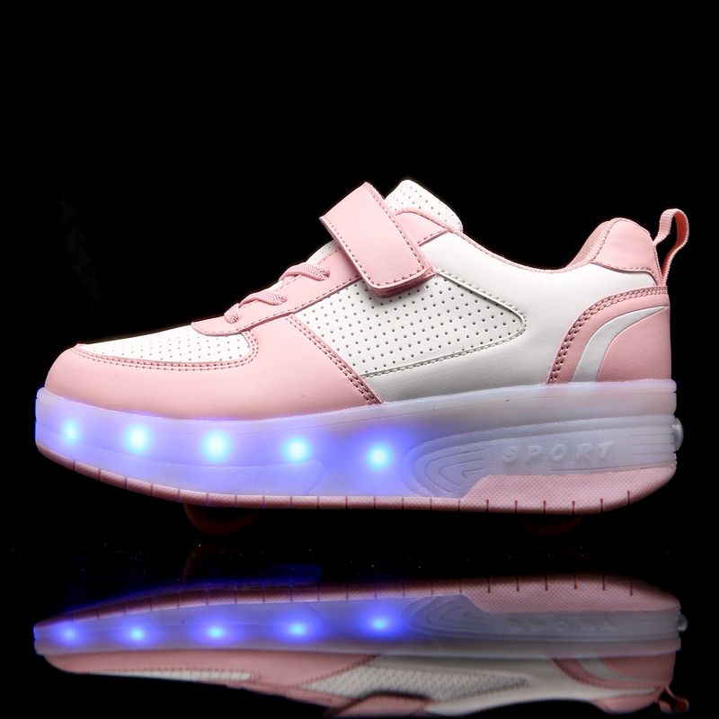 Pantofi sport pentru copii cu două roți, luminoși, strălucitori, cu tocuri, roz, cu role, pentru copii, cu LED-uri, băieți și fete, cu încărcare USB_voghion.com