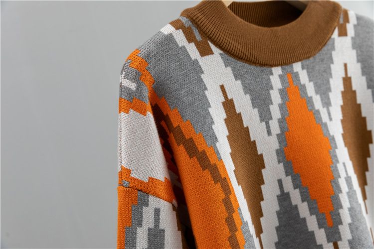 Lockerer Rautenpullover für Damen, zweiteiliger Anzug, gestrickte Hose mit weitem Bein_voghion.com