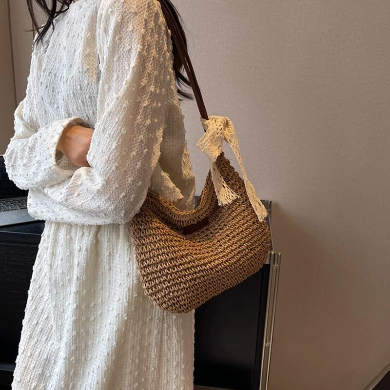 Vintage Frauen gewebte Schulter einfarbig Spitze Band Tote Handb Wicker Boho Stroh Tasche für Sommer Strand Griff Beige_voghion.com