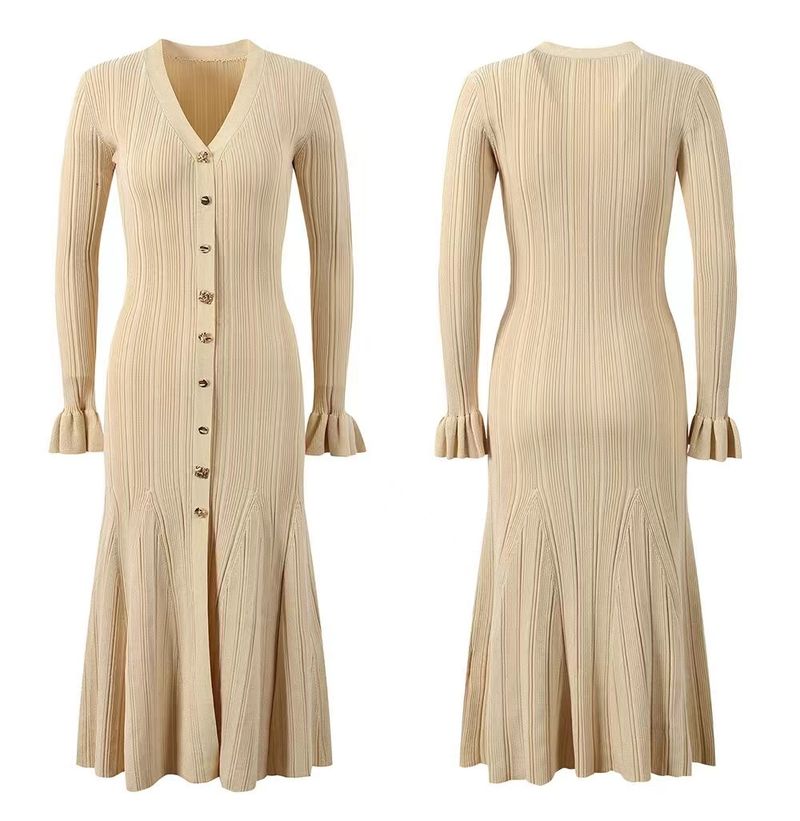 Gonna lunga in vita da donna Gonna monopetto con bottoni dorati e scollo a V in oro 2024 Gonna a maglia sottile nuova da donna autunno e inverno_voghion.com