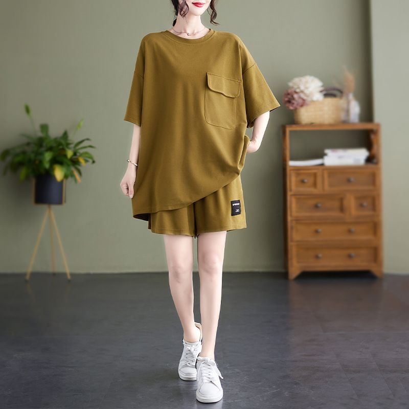 Audday Ensemble deux pièces pour femme, short amincissant à manches courtes, grande taille, décontracté, version européenne, avec poches_voghion.com