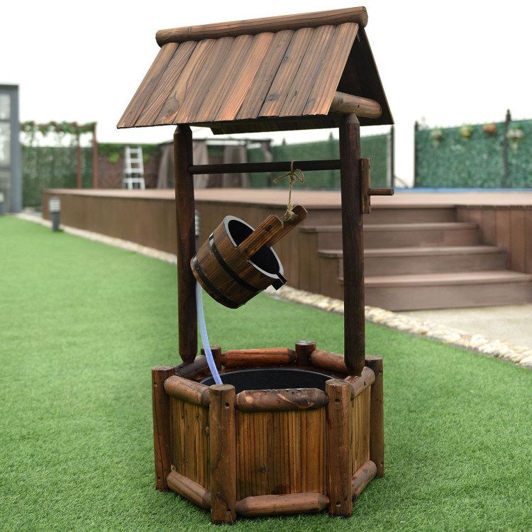 Garden Rustic Wishing Well Wooden Water Fountain with Pump_voghion.com