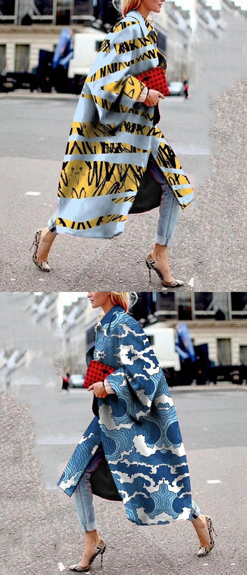 Trench ampio da donna con stampa a maniche lunghe svasate_voghion.com