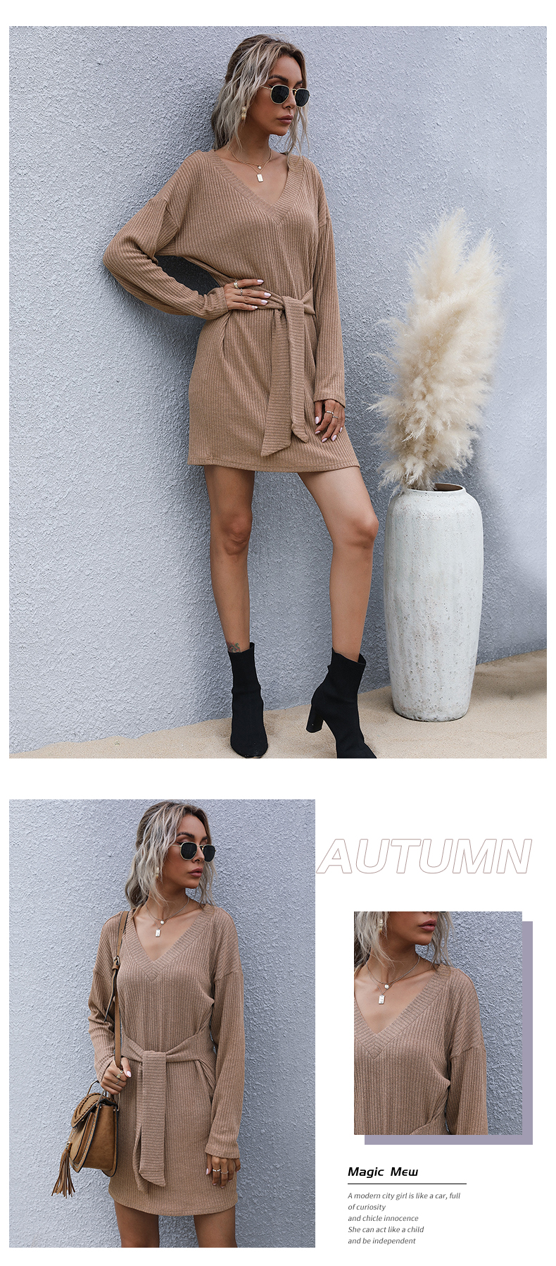 Einfarbiges Pulloverkleid mit V-Ausschnitt und schmalem Strickpullover mit Schnürung_voghion.com