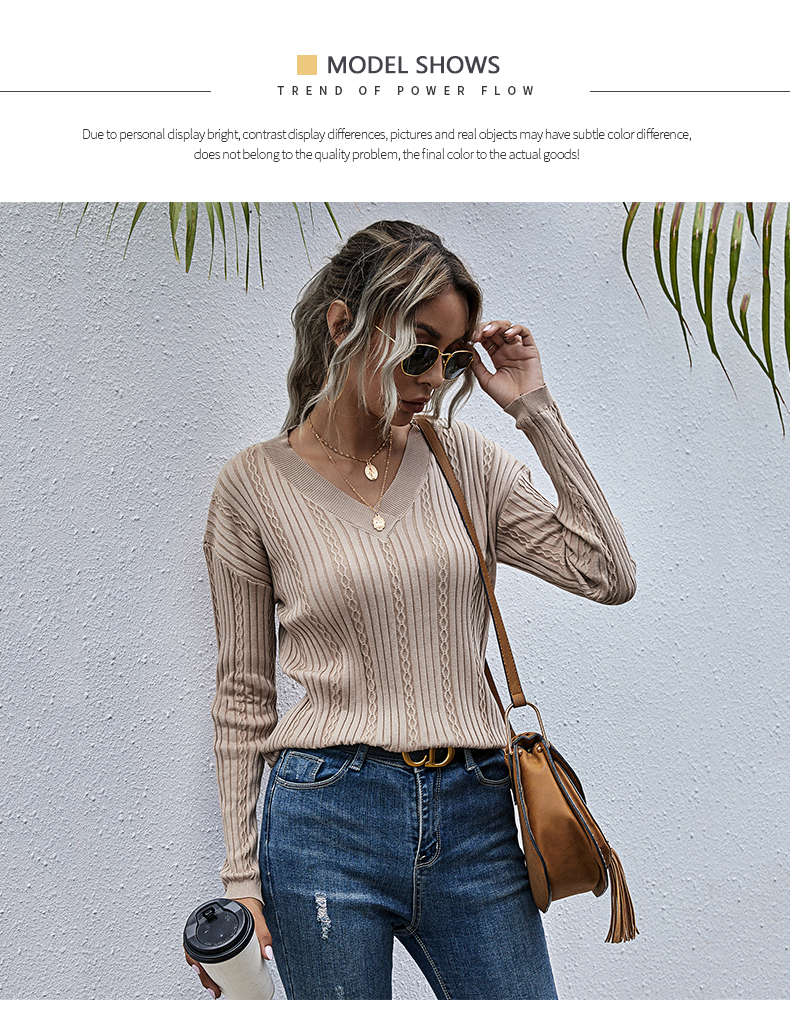 Einfarbiger, schlankmachender Jacquard-Strickpullover mit V-Ausschnitt und einfacher Innenschicht_voghion.com