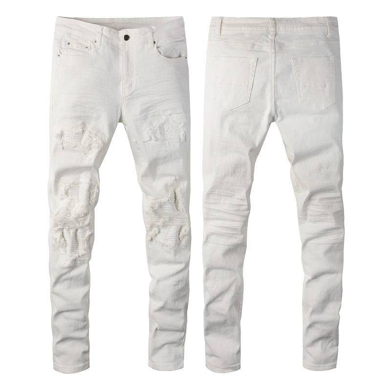 Männlichen jogger workout mode patchwork zerrissene schlanke hosen denim knie loch zerrissene männer weiße jeans für männer_voghion.com