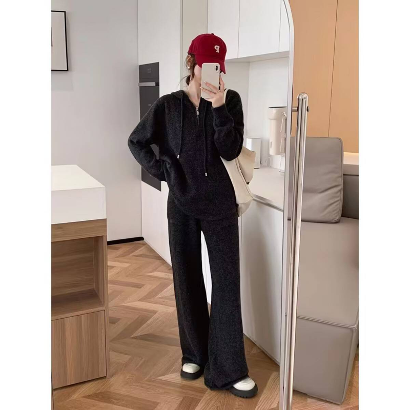 Women's Clothing Lazy Style Casual Fashion Suit For Women Spring And Autumn New Loose Hooded Sweatshirt Wide Leg Pants Slim Two Piece Suit_voghion.com