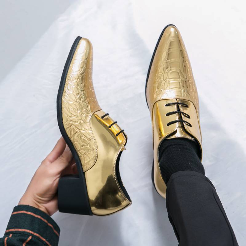 Neue Mode Herren High Heel Spitzschuh Golden Business Lederschuhe Schnürung Nachtclub Modenschau Trend Europäische und amerikanische Herrenschuhe_voghion.com