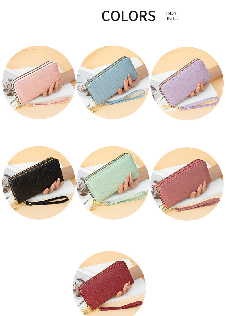 Portafoglio lungo da donna, alla moda, semplice, con fiocco stampato, grande capacità, doppia cerniera, porta cellulare_voghion.com