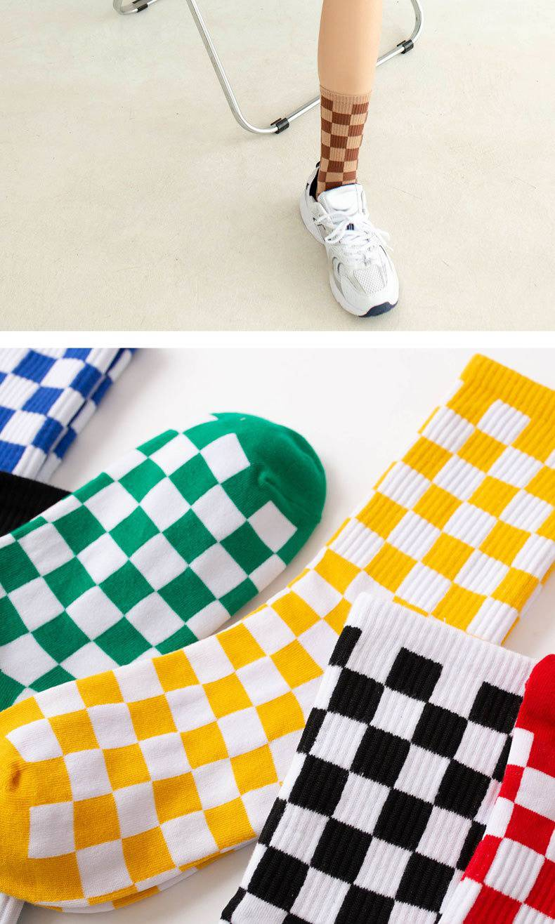 6 Pairs--Checkerboard Men's And Women's Fashion Street Brand Mid Tube Academy Style Cotton Skateboarding Socks_voghion.com