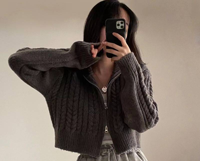 Cardigan in maglia grossa in stile coreano – Maglione corto da donna con cerniera frontale a trecce per l'autunno_voghion.com