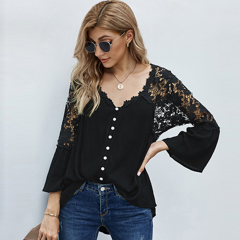 Damen locker grouss Gréisst Spitzenhemd Damen laangärmlech einfarweg déif V-förmlech Pullover Chiffonhemd Fabrécksdirektverkaaf_voghion.com
