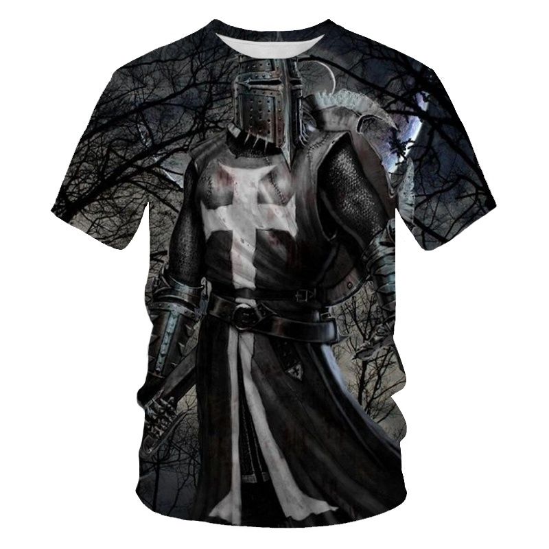 Medieval Knight Templar Print 3D T-Shirt Divine Cross Pattern Men's O-Neck Short Sleeve Casual T-Shirt Vintage Street Clothing_voghion.com