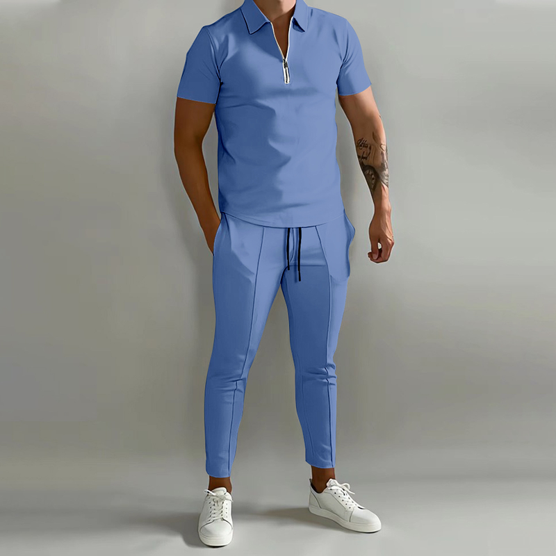 2024 Nieuwe 3D-geprinte effen polobroek met korte mouwen, casual set voor heren_voghion.com