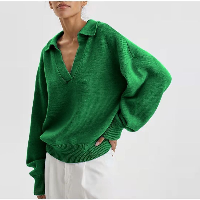 2022 Spring And Autumn New Women's Knitted Polo Collar Pullover Green Sweater_voghion.com