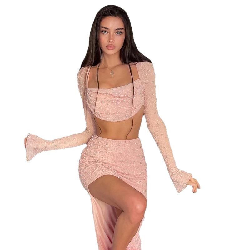 Gestrickte Perlen Square Neck Langarm und Short Set Frühling Damenmode Sexy Crop Top Rock_voghion.com