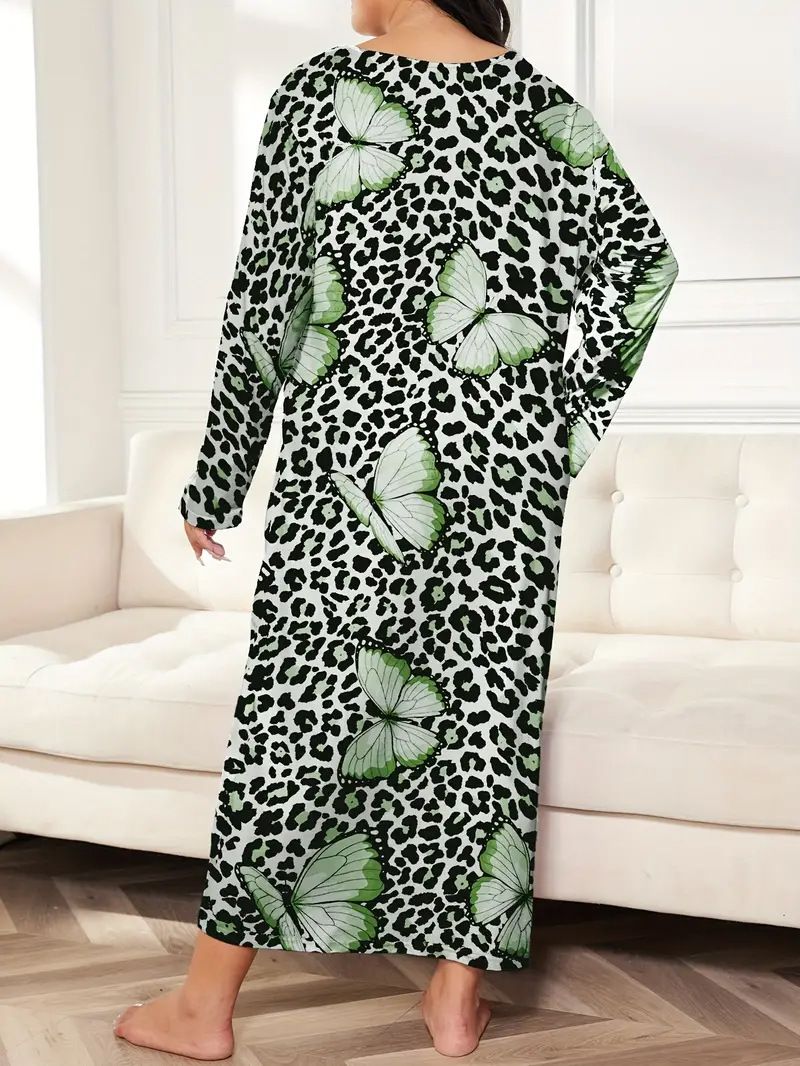 Damenbekleidung Langärmliges Nachthemdkleid mit Schmetterlings- und Herz-Leopardenmuster, überschnittener Schulter, großer Größe_voghion.com
