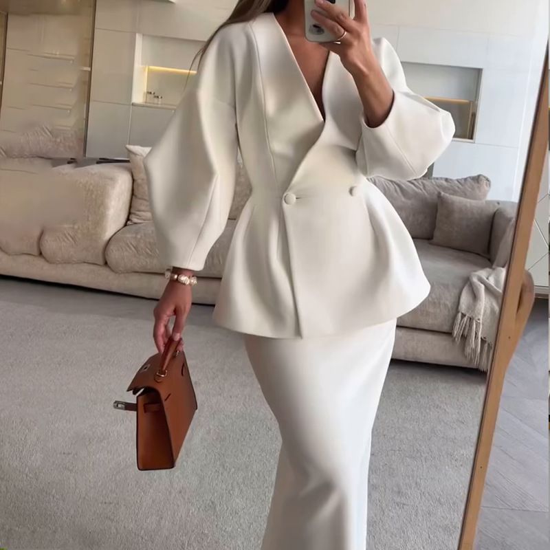 Ensemble élégant blazer et jupe pour femme, slim, col en V, manches longues lanternes, haut, jupe midi, 2 pièces, tenue de bureau chic_voghion.com