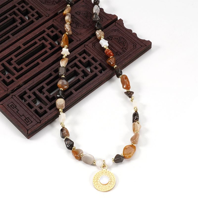 Conjunto de colar e pulseira de pedra natural de opala preta com concha de ameixa e estrela de cinco pontas_voghion.com
