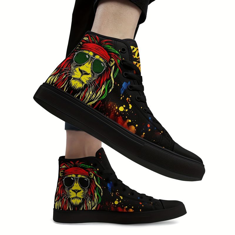 Baskets montantes pour homme motif lion avec lunettes : toile résistante, lacets confortables et antidérapants. Pour l'extérieur, la marche, le jogging et les voyages. Toutes saisons._voghion.com