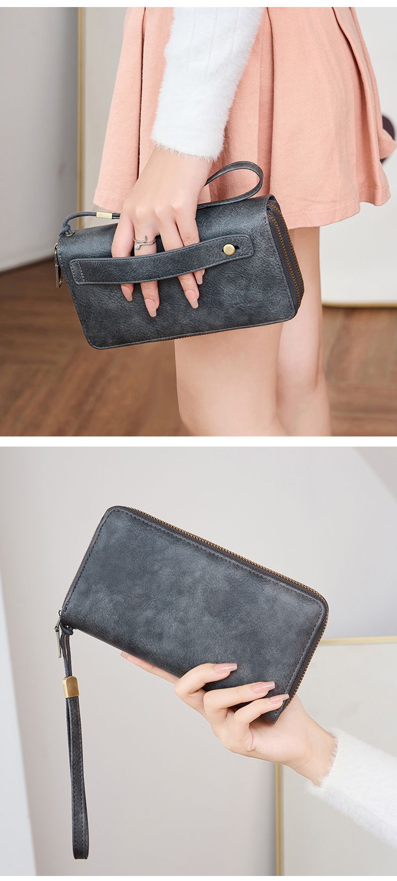 Herren-Geldbörse mit RFID-Schutz, Business-Geldbörse für Herren, modische Geldbörse mit Doppelreißverschluss, lange Geldbörse im Retro-Stil, große Kapazität, Damen-Clutch._voghion.com