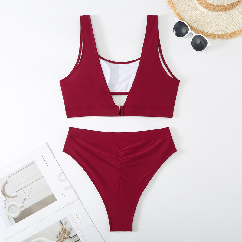 Maillot de bain deux pièces sexy taille haute couleur unie_voghion.com