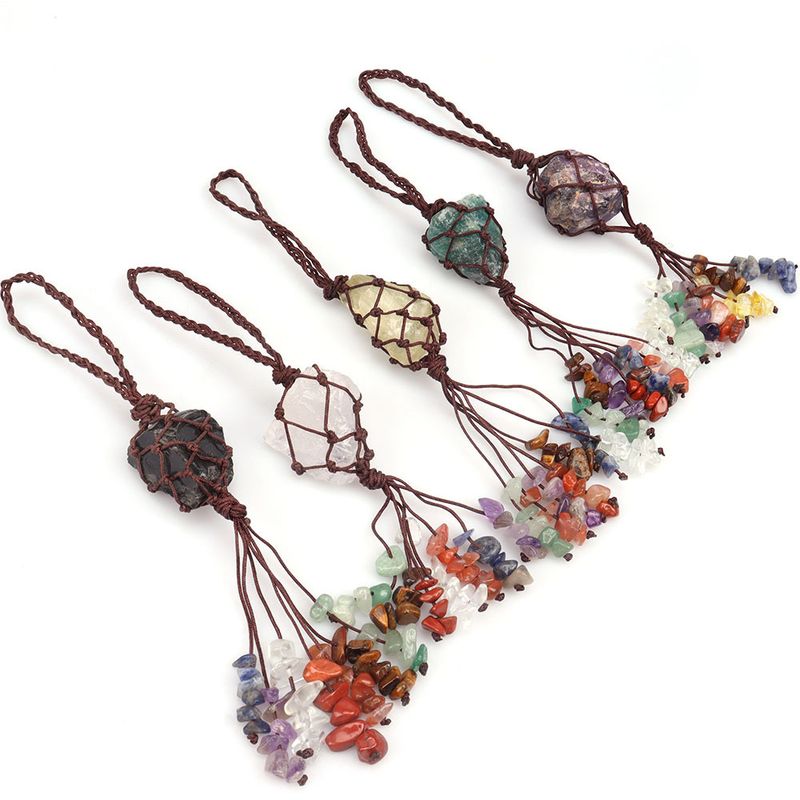 Ciondolo in pietra grezza di cristallo colorato, ciondolo con nappa intrecciata a mano, ornamenti per auto, decorazione per la casa_voghion.com