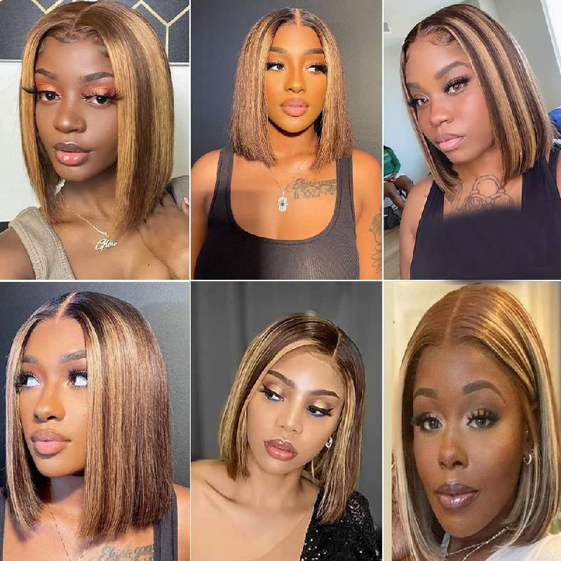 MALAIKA Ombre Highlight Bob Perücke 13X4 Lace Front P4/27 Braun gefärbte Echthaarperücken für Frauen, glatte Bob-Perücke mit Babyhaar_voghion.com
