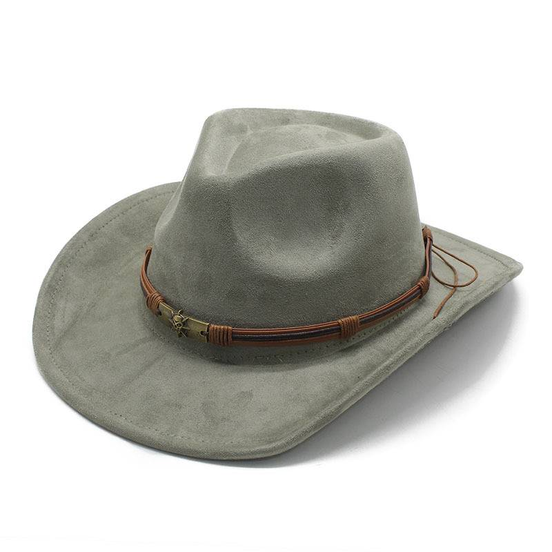 New suede cowboy hat with warped edge Men's and women's outdoor travel hat with rolled eave ethnic top hat felt hat_voghion.com