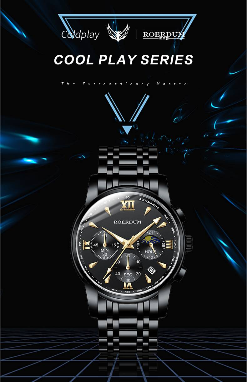 ROERDUM Cool Play Series - Quartz Movement,Stainless Steel Bracelet,Black Dial,Casual & Stylish Men's Watch_voghion.com
