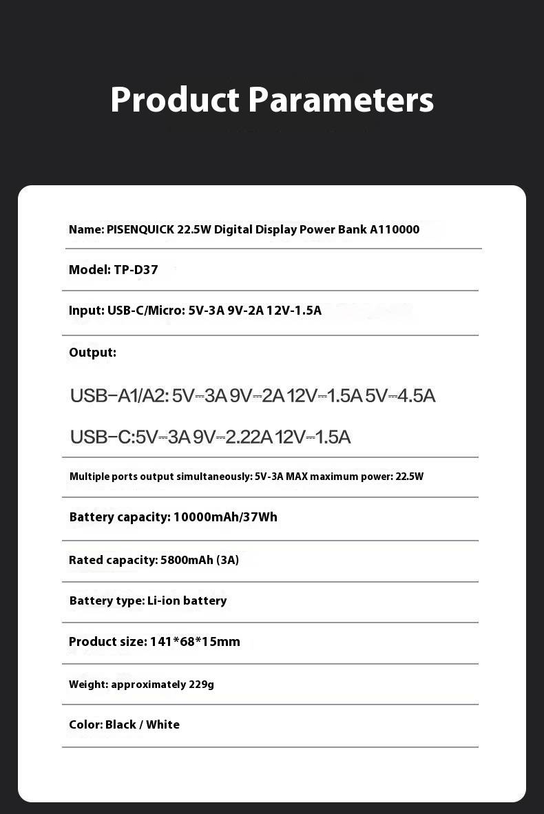 Powerbank de carregamento rápido PD de 10000 mAh e 22,5 W com visor digital, bateria externa portátil para iPhone, Samsung, Android, viagens e presentes corporativos_voghion.com