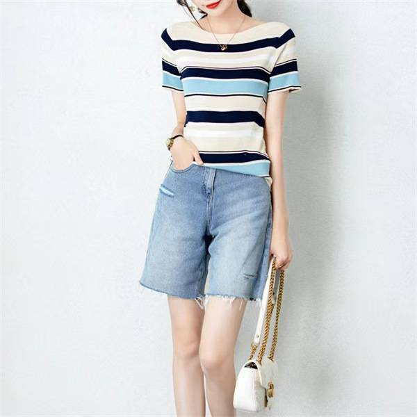 X0149Short-sleeved Silk-knit Sweater With Loose Fit, Slimming Effect, Thin Style, Round-neck, Striped Base Layer T-shirt Top_voghion.com
