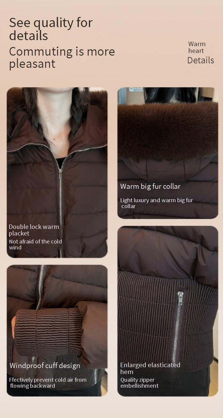 Pufferjacke mit Kunstpelzkapuze für Damen, Winterkurzmantel mit abnehmbarem Kragen, Slim Fit, gesteppte Oberbekleidung in Schwarz/Braun/Creme_voghion.com