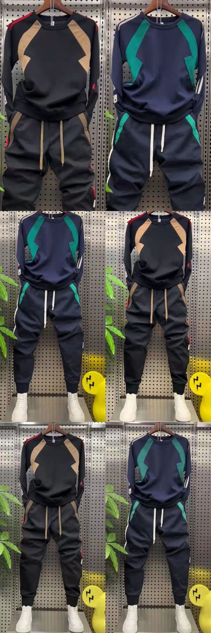 Herenkleding Contrasterende kleur Ronde hals Trui Lange mouw Trui Pak Heren Casual All-match Sport Tweedelig pak_voghion.com