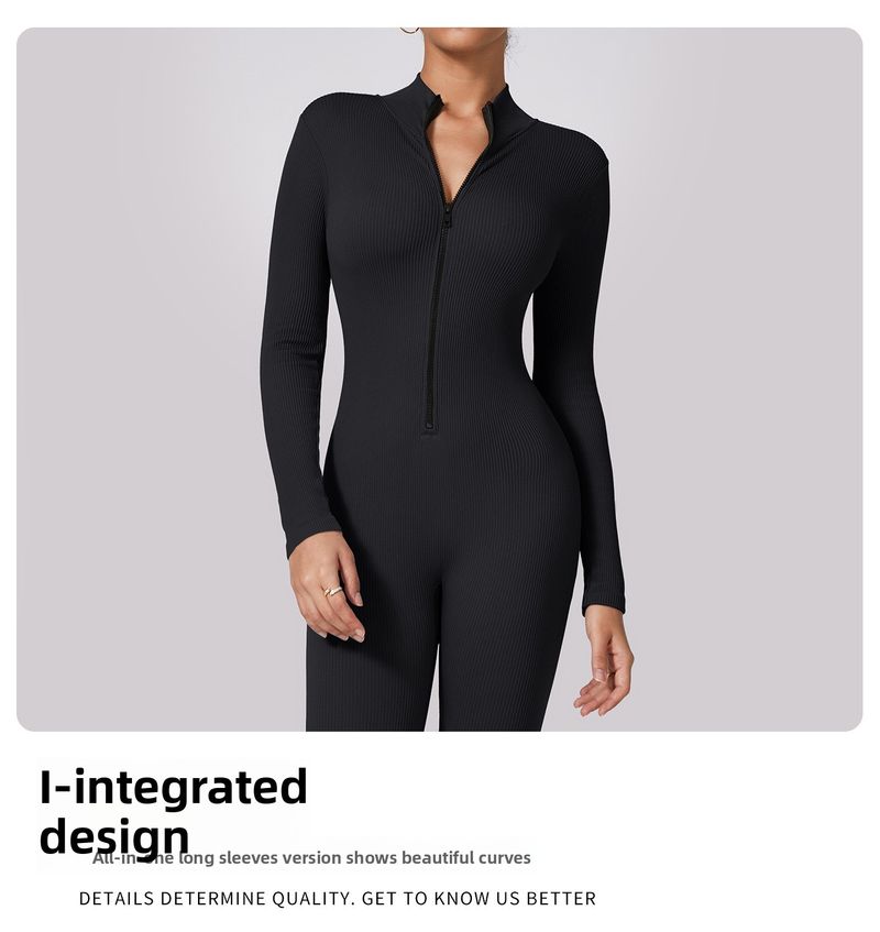 Tuta intera aderente da yoga e fitness a coste elastiche ad asciugatura rapida per donna con cerniera_voghion.com