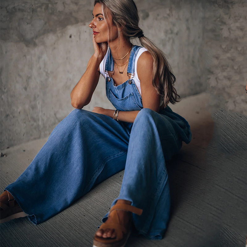 yeni kadın gevşek yan cep kolsuz denim tulum_voghion.com