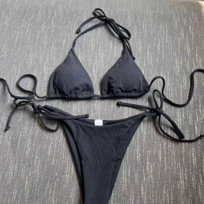 2025European and American cross border new drawstring straps hollow striped split swimsuit bikini bikini_voghion.com